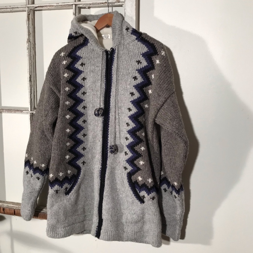 Wool hooded knitted zip up sweater from Ecuador. Plus Size. XXL Unisex